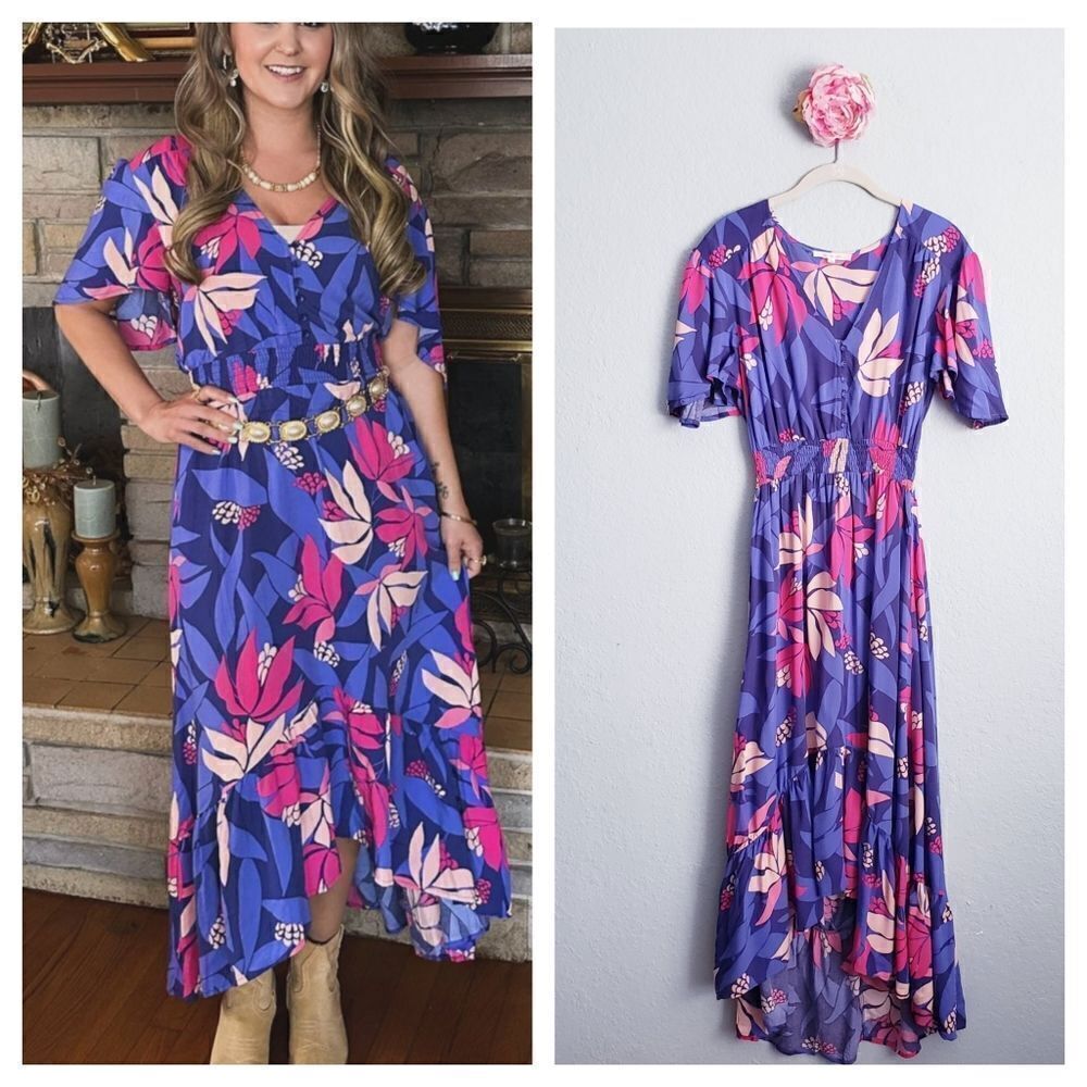 Anthropologie Abel The Label Bold Floral V-neck Hi Low Dress